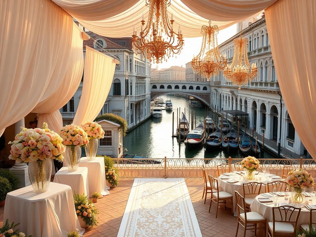 Flick International A picturesque wedding setting in Venice with elegant floral arrangements and chandeliers