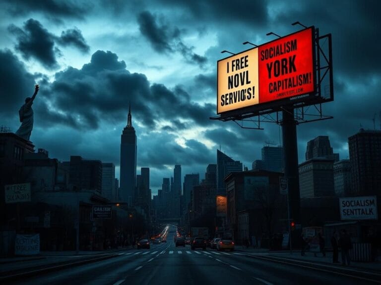 Flick International A dramatic cityscape of New York City at dusk with iconic landmarks and storm clouds