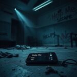Flick International Dimly lit abandoned room with a cracked smartphone showing a plea for help