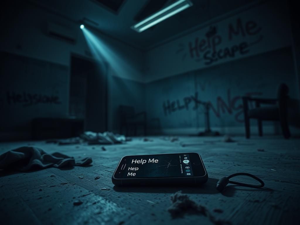 Flick International Dimly lit abandoned room with a cracked smartphone showing a plea for help