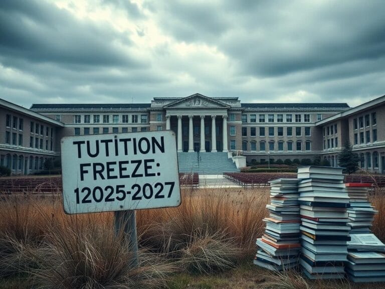 Flick International A large university campus with empty lecture halls and a weathered sign reading 'Tuition Freeze: 2025-2027'