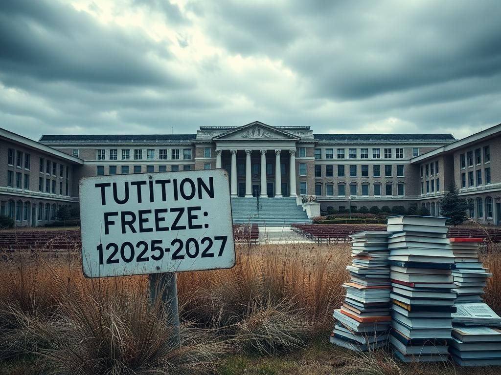 Flick International A large university campus with empty lecture halls and a weathered sign reading 'Tuition Freeze: 2025-2027'