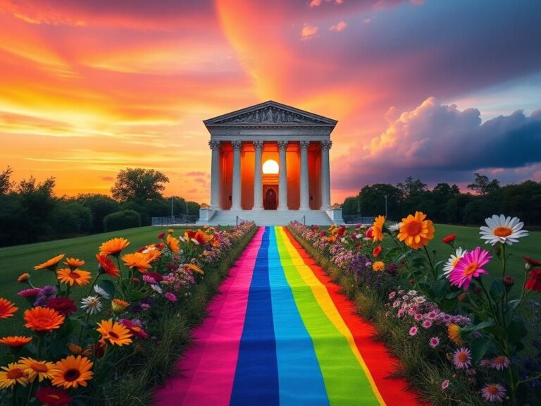 Flick International A vibrant rainbow-colored pathway leading to a symbolic Supreme Court arch, representing the journey of same-sex marriage in America.