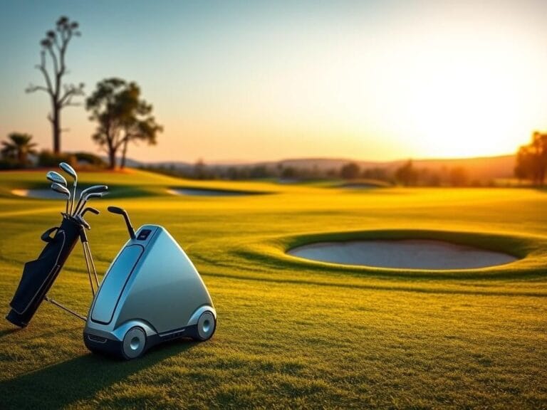 Flick International AI smart caddie Robera Neo on a serene golf course at sunrise