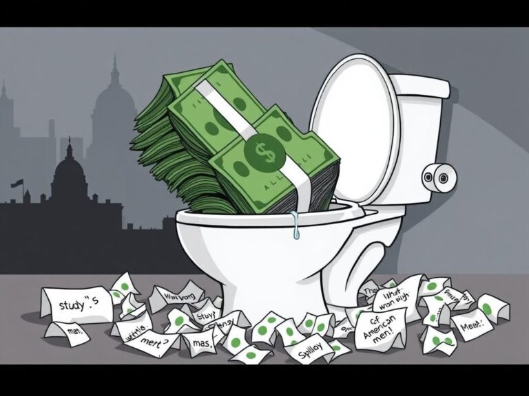 Flick International Large, cartoonish stack of dollar bills being flushed down a toilet, symbolizing wasteful government spending.