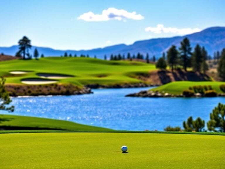 Flick International Scenic view of Edgewood Tahoe Golf Club with rolling green fairways and Lake Tahoe in the background