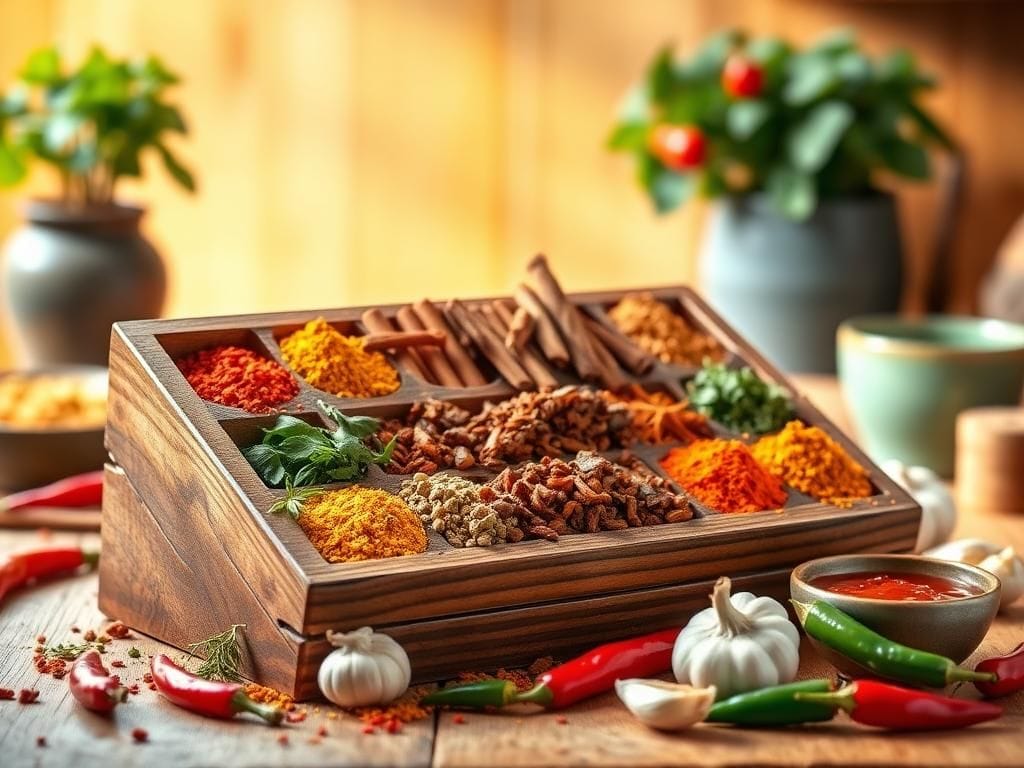 Flick International A vibrant kitchen scene featuring a wooden spice rack with colorful spices and dried chili peppers
