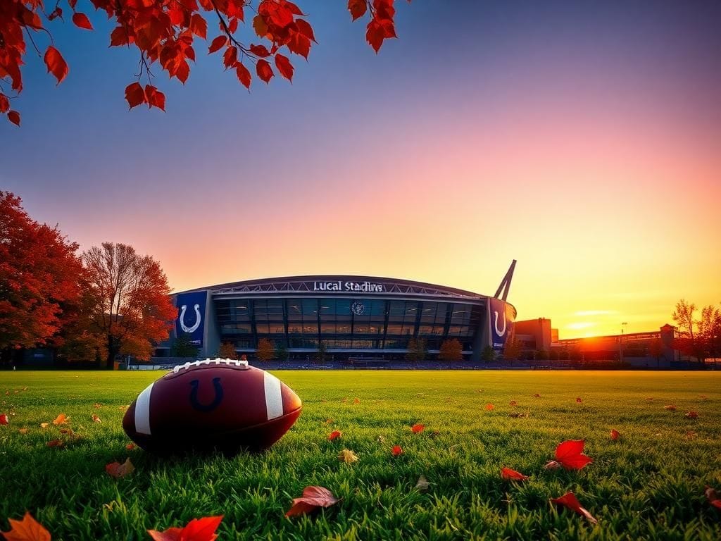 Flick International Serene autumn scene of Lucas Oil Stadium with a football symbolizing Jim Irsay's legacy in Indianapolis.