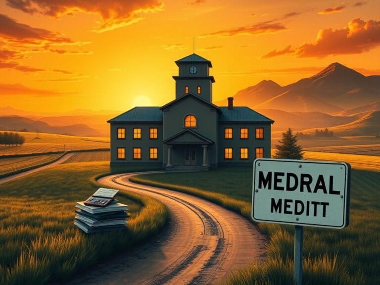 Flick International A detailed illustration of a rural hospital surrounded by picturesque countryside and economic symbolism.