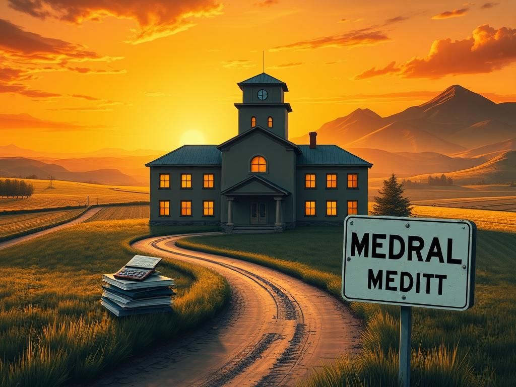 Flick International A detailed illustration of a rural hospital surrounded by picturesque countryside and economic symbolism.