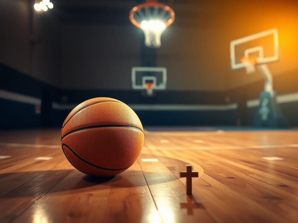 Flick International A beautifully lit basketball court at night with a close-up of a basketball, symbolizing new beginnings and aspiration.