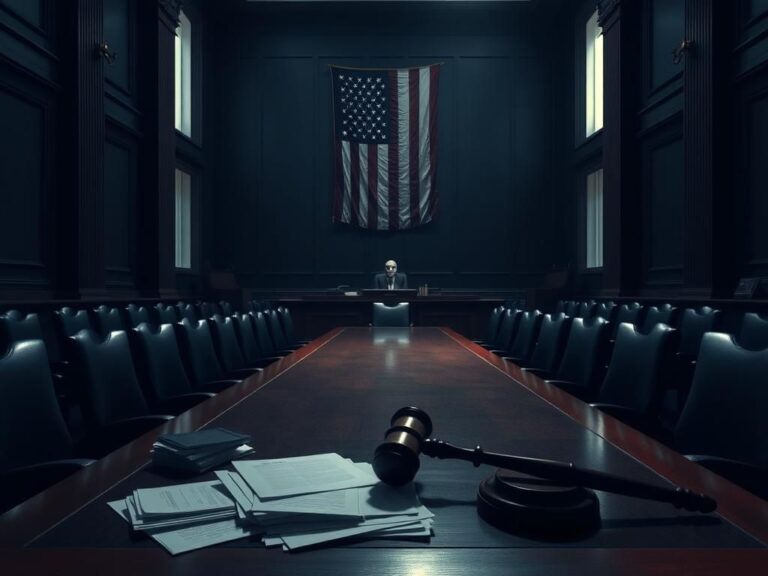 Flick International Dimly lit congressional hearing chamber with a polished wooden table and high-backed chairs