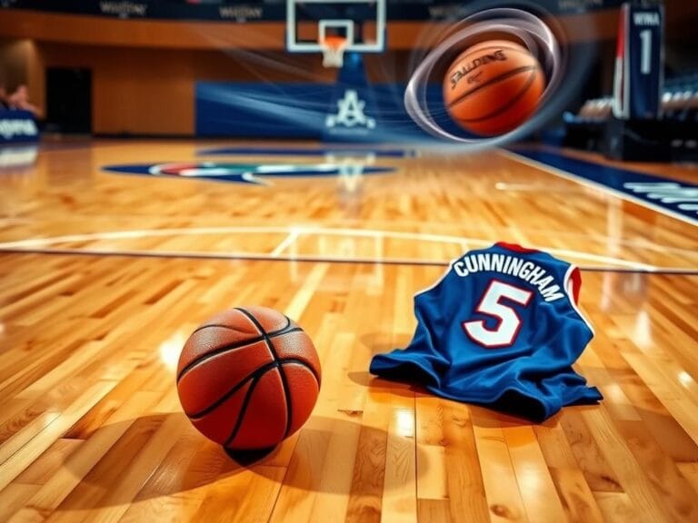 Flick International A vibrant basketball court scene with a polished wooden floor and a basketball on the ground.