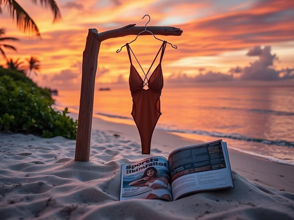 Flick International A serene beach scene at sunset with a G-string bathing suit on a driftwood post