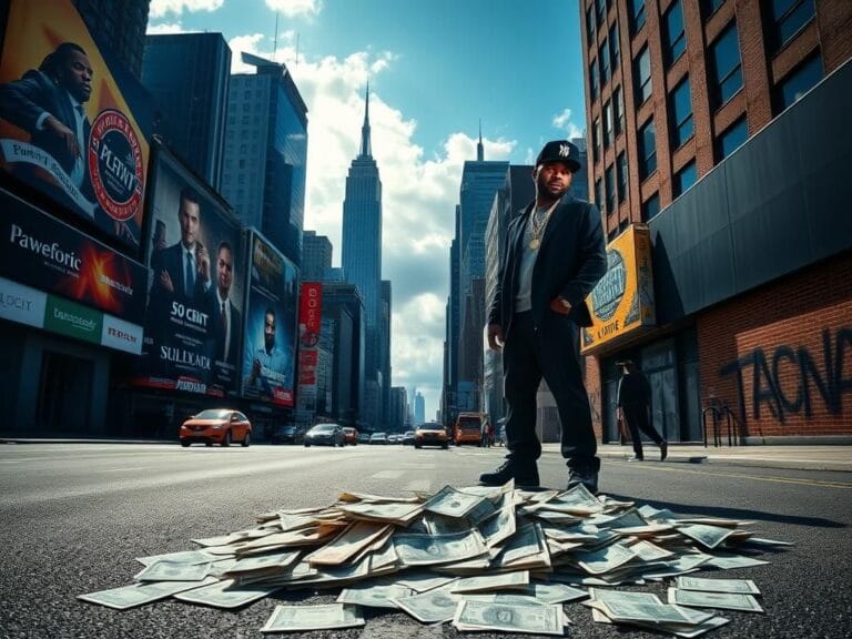 Flick International An urban street scene in New York City with luxury advertisements and tax forms scattered on the ground.