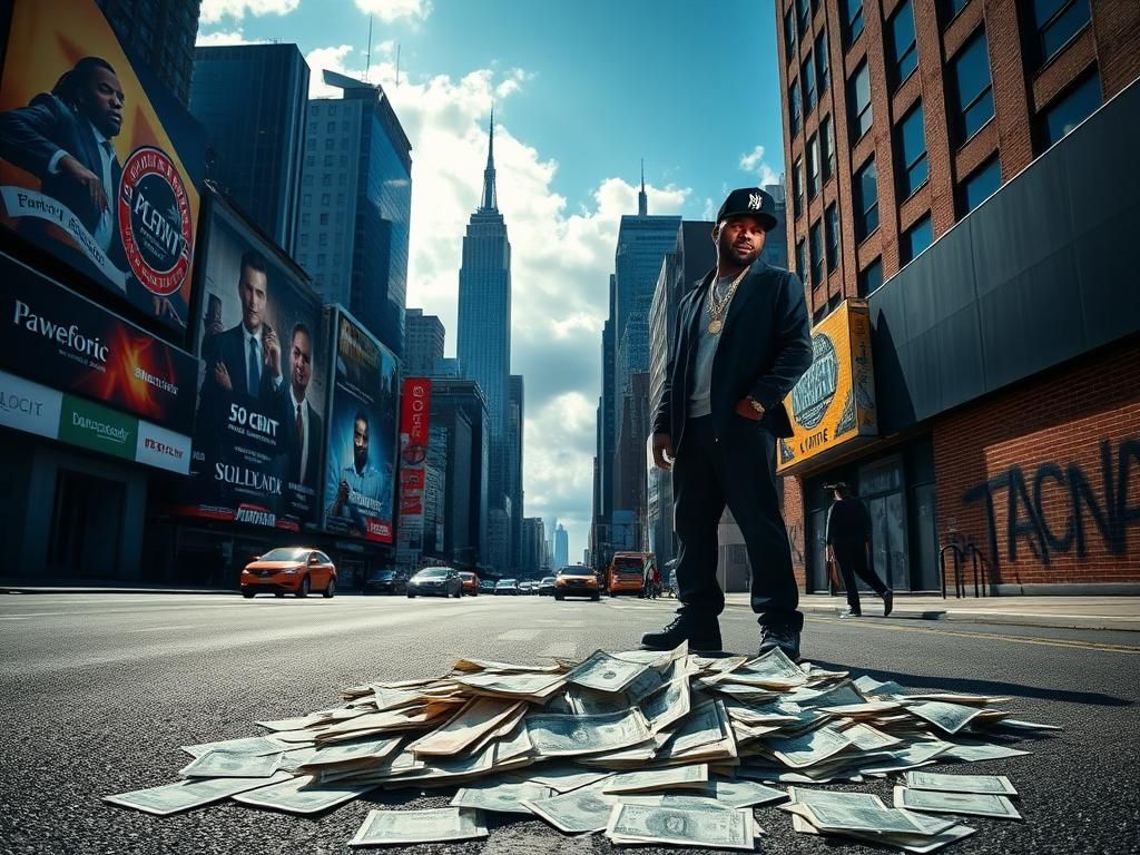 Flick International An urban street scene in New York City with luxury advertisements and tax forms scattered on the ground.