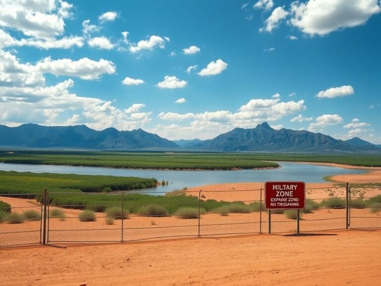 Flick International A detailed view of a military buffer zone near the Rio Grande River in Texas showcasing a chain-link fence and concertina wire.
