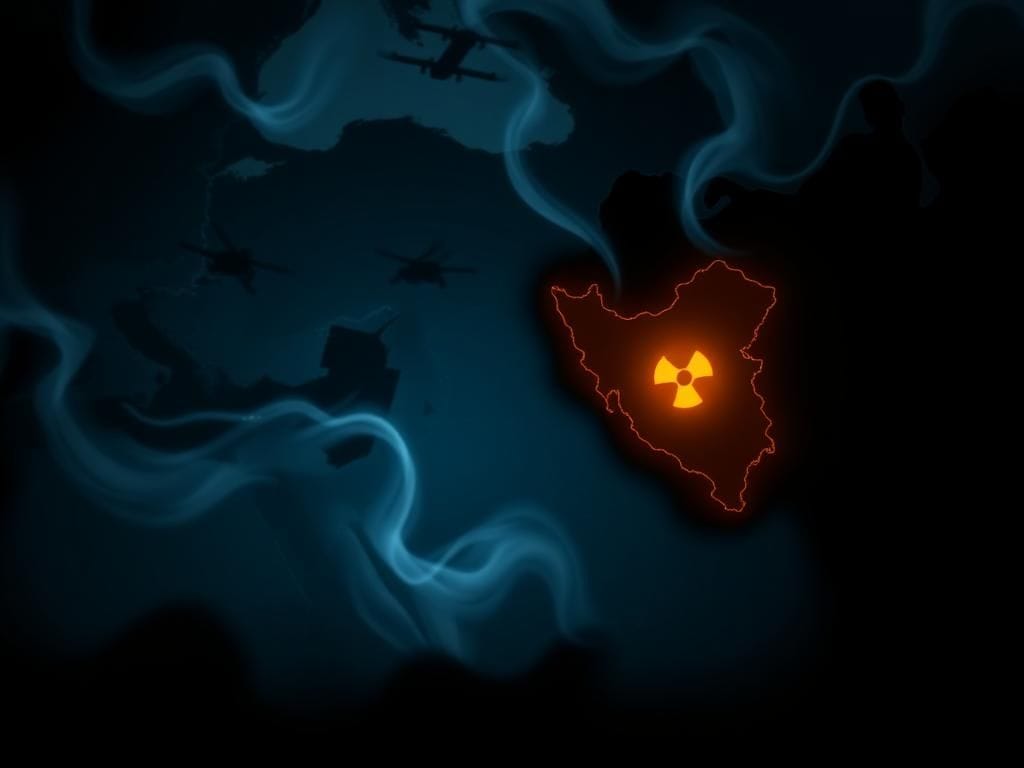 Flick International Darkened map of the Middle East highlighting Israel and Iran with nuclear symbols