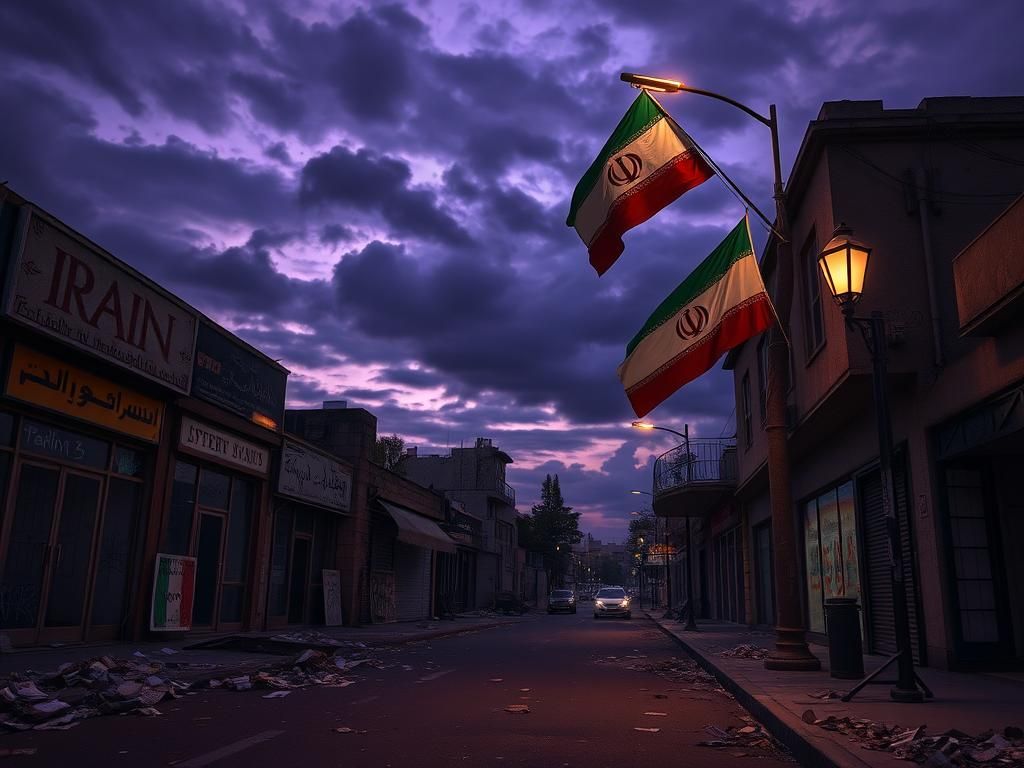 Flick International Desolate urban street in Iran at dusk, reflecting a state of unrest with abandoned storefronts and graffiti.