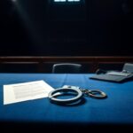 Flick International Courtroom scene featuring an empty defense table with handcuffs and a bulletproof vest