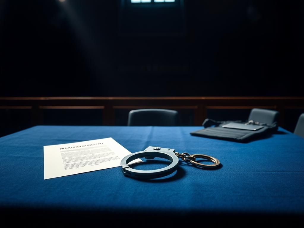 Flick International Courtroom scene featuring an empty defense table with handcuffs and a bulletproof vest