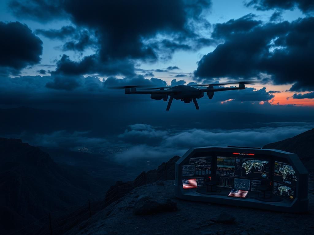 Flick International A high-tech command center in a mountainous area with a surveillance drone focused on Iran's nuclear facilities