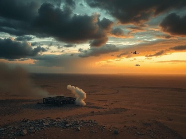 Flick International Aerial view of a desolate desert landscape symbolizing conflict with military aircraft in the distance