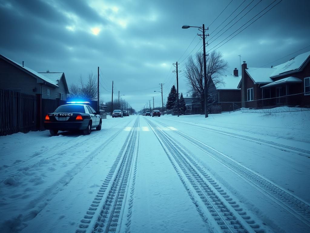Flick International Snow-covered suburban street at dusk with a parked police cruiser casting a blue hue on the fresh snow