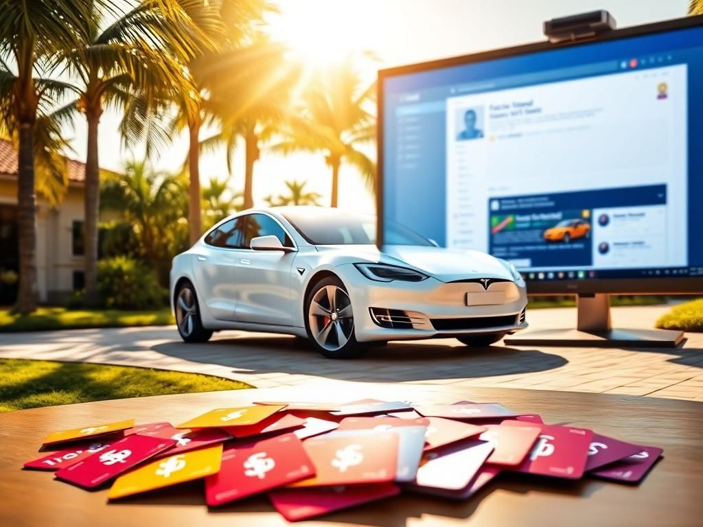 Flick International Digital artwork of a sleek, white Tesla parked in a sunny driveway surrounded by palm trees