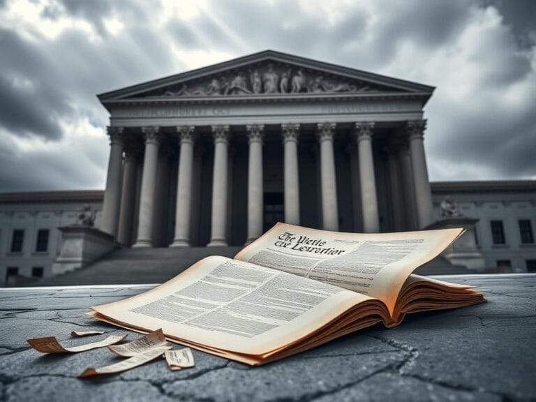 Flick International Somber Supreme Court building under moody sky with open Constitution in foreground