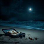 Flick International Dark Bali beach at night with crashing waves and an abandoned suitcase hinting at drug smuggling