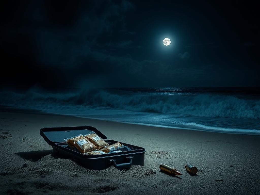 Flick International Dark Bali beach at night with crashing waves and an abandoned suitcase hinting at drug smuggling