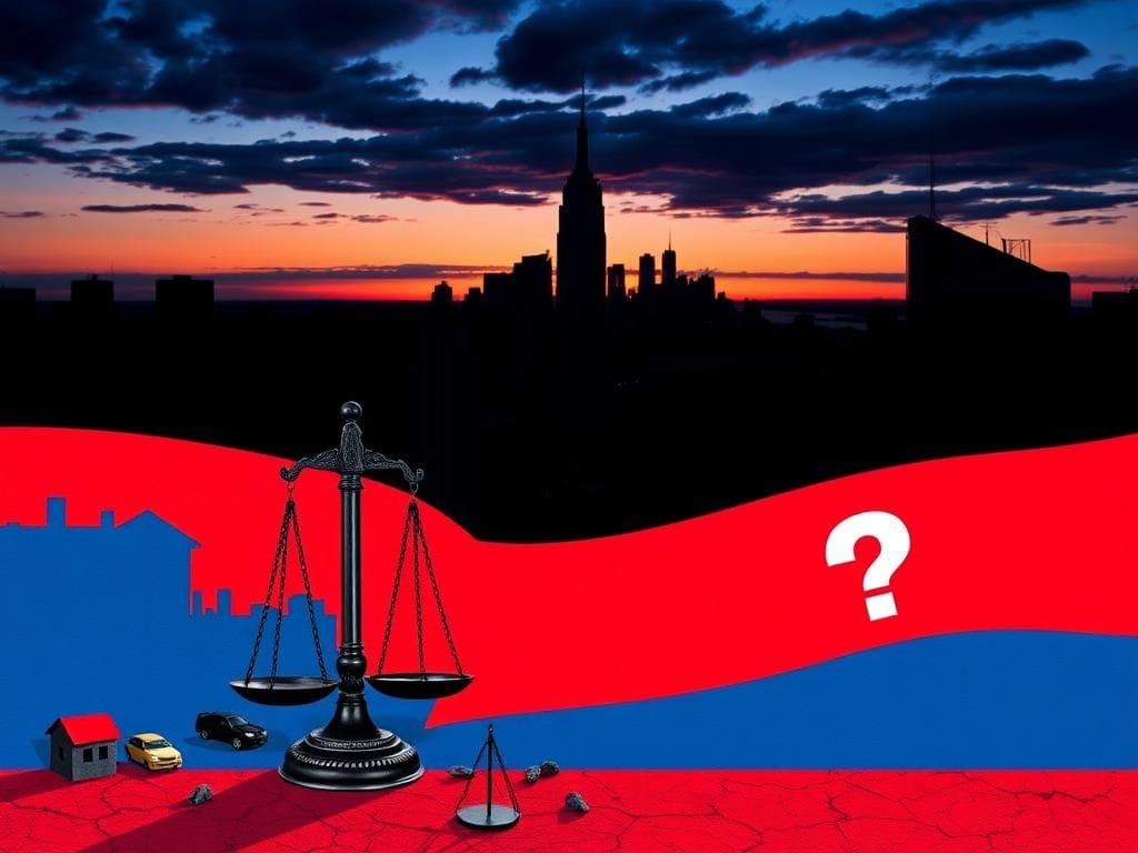 Flick International Twilight city skyline of New York City with symbolic elements representing political tensions