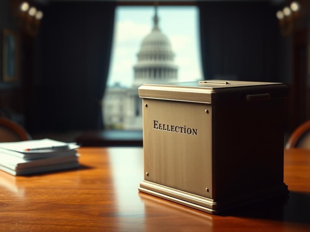 Flick International Close-up of an antique ballot box on a wooden table with the U.S. Capitol in the background
