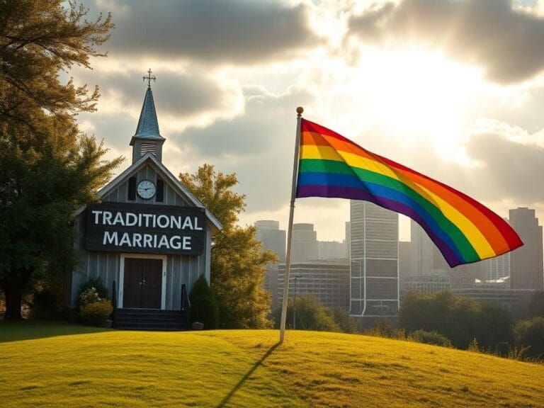 Flick International A split landscape featuring a traditional church representing conventional marriage values and a vibrant rainbow flag symbolizing LGBTQ+ rights.