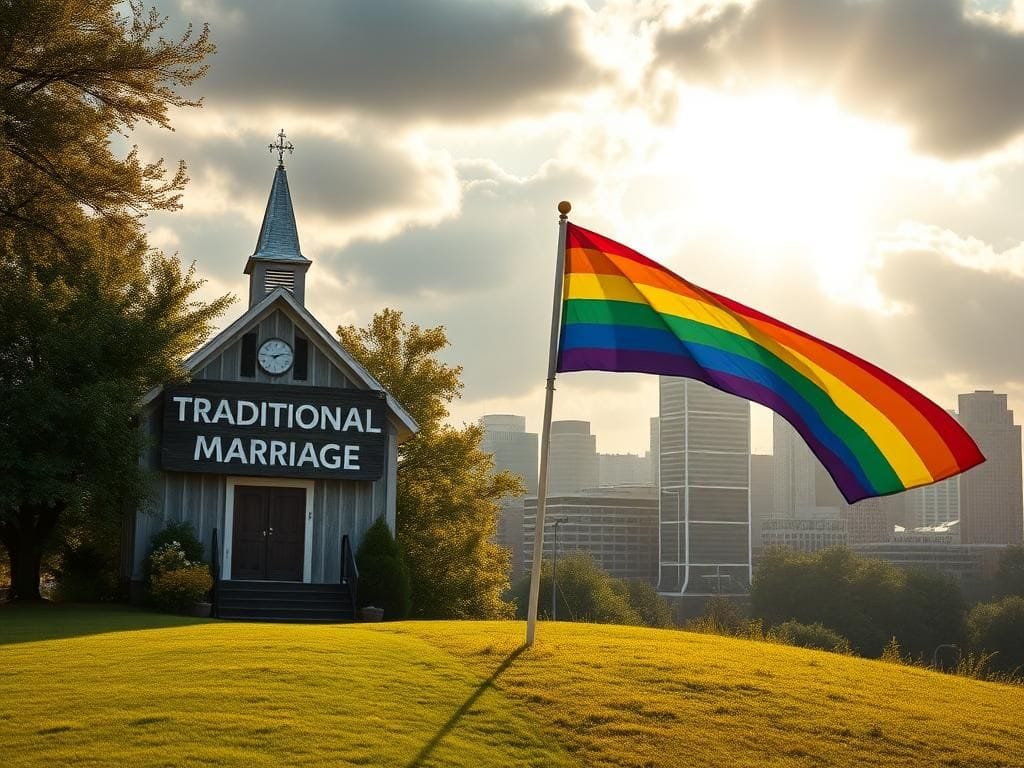 Flick International A split landscape featuring a traditional church representing conventional marriage values and a vibrant rainbow flag symbolizing LGBTQ+ rights.