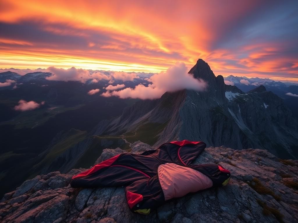 Flick International Abandoned wingsuit on rocky ground in the Swiss Alps