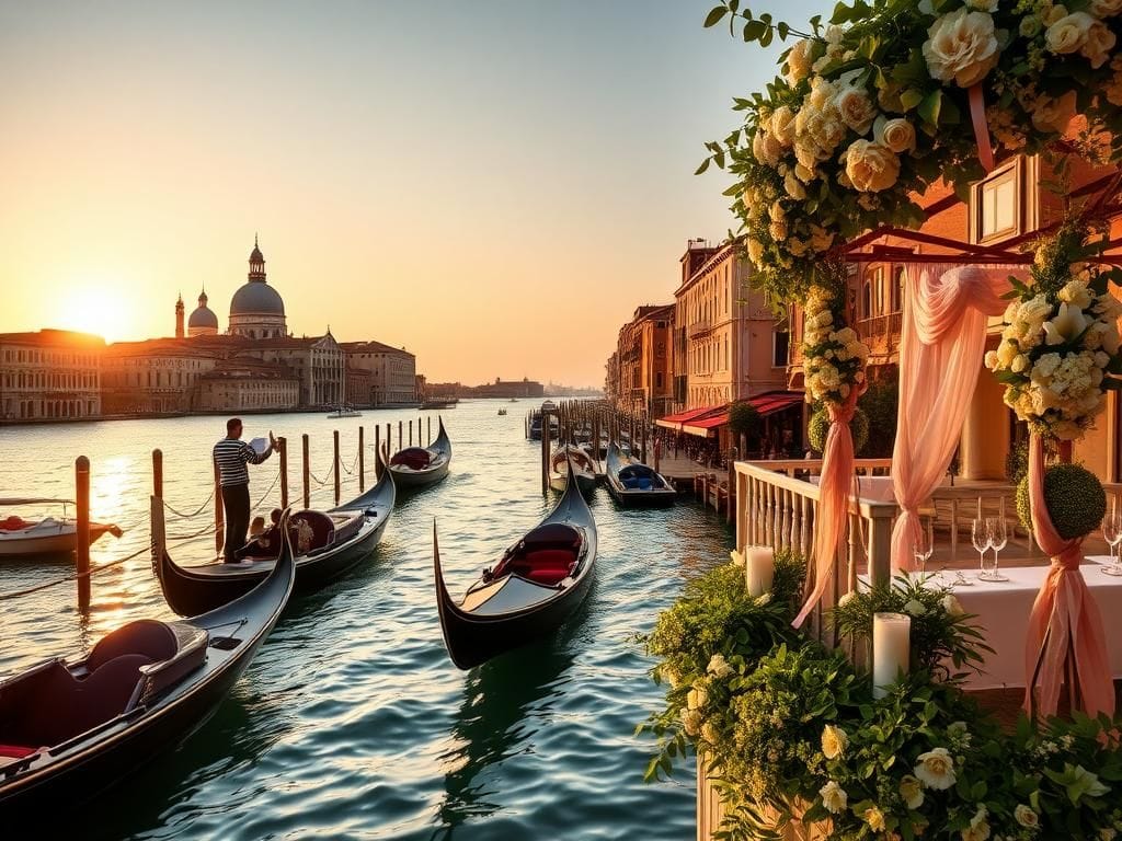 Flick International Scenic view of Venice canals with gondolas during sunset
