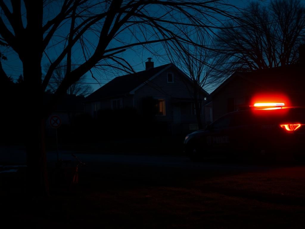 Flick International Dimly lit suburban street at twilight with a modest house and glowing window