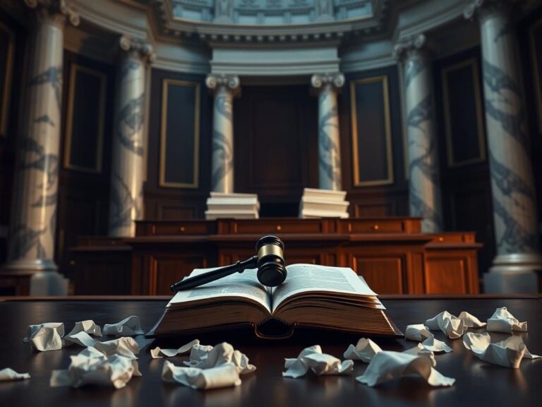 Flick International Dramatic interior view of the U.S. Senate chamber featuring a large wooden desk with legislative documents and a gavel symbolizing authority.