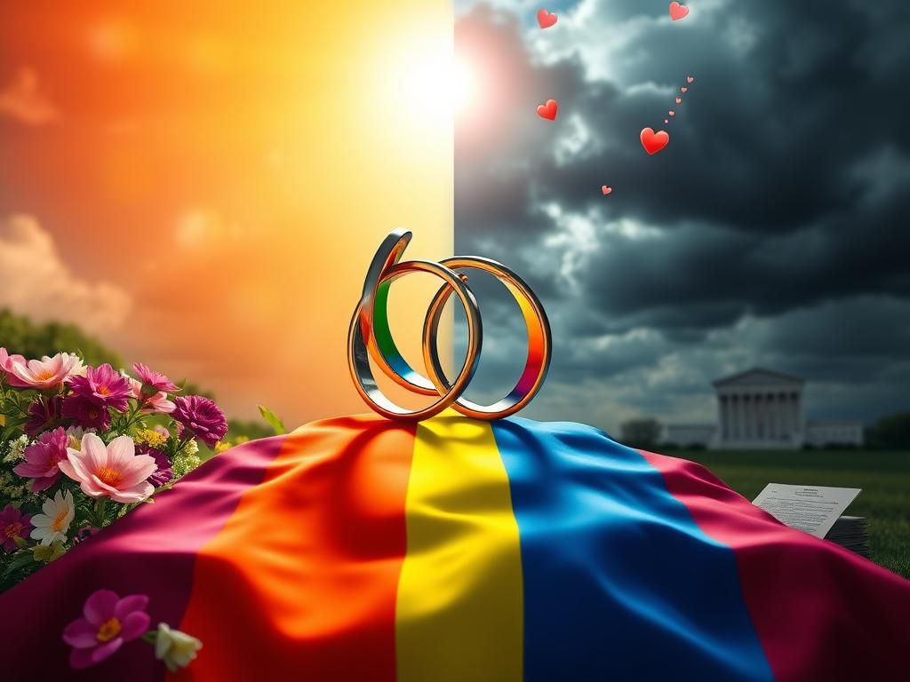 Flick International Intertwined wedding rings on a rainbow flag symbolizing love and unity