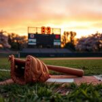 Flick International A serene baseball field at sunset with a glove and bat paying tribute to Shigeo Nagashima