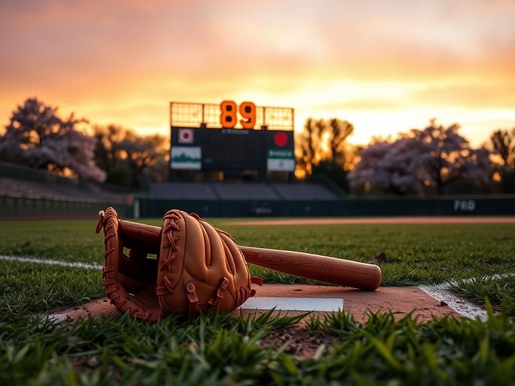 Flick International A serene baseball field at sunset with a glove and bat paying tribute to Shigeo Nagashima