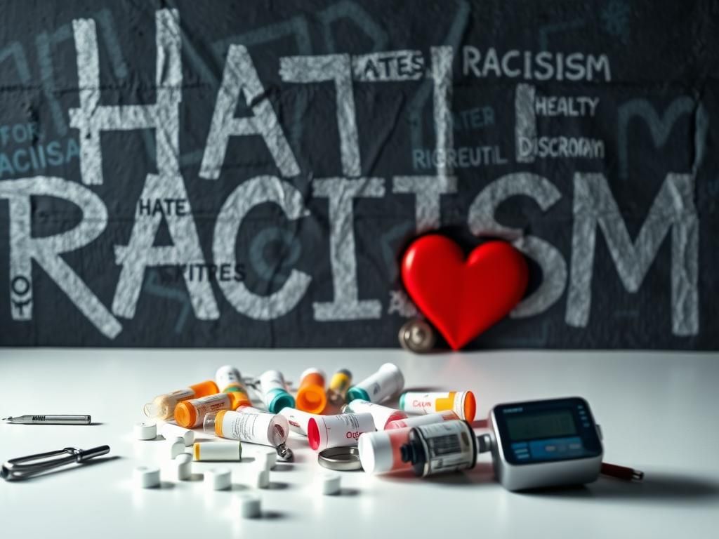 Flick International Diverse medical tools and prescriptions on a white surface, symbolizing chronic disease treatments amidst a background of graffiti words representing oppression