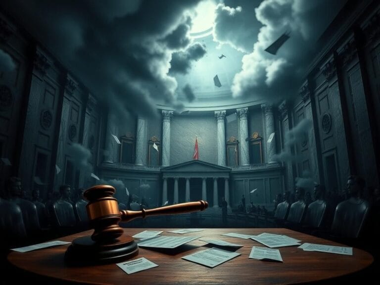 Flick International Overturned gavel on a podium in a tense Senate chamber reflecting political unrest