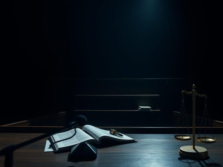 Flick International Dimly lit courtroom scene highlighting the tension of Diddy's trial