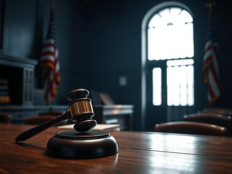 Flick International A somber courtroom scene depicting a gavel on a wooden desk