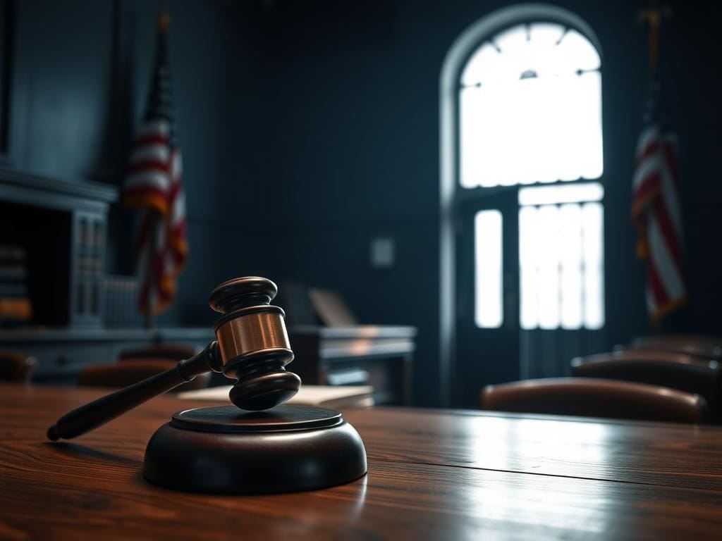 Flick International A somber courtroom scene depicting a gavel on a wooden desk