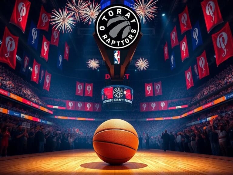 Flick International Vibrant scene at the NBA Draft featuring a basketball illuminated by a spotlight and cheering fans in the background