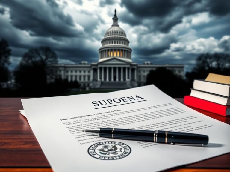Flick International subpoena document on a desk with U.S. Capitol in the background